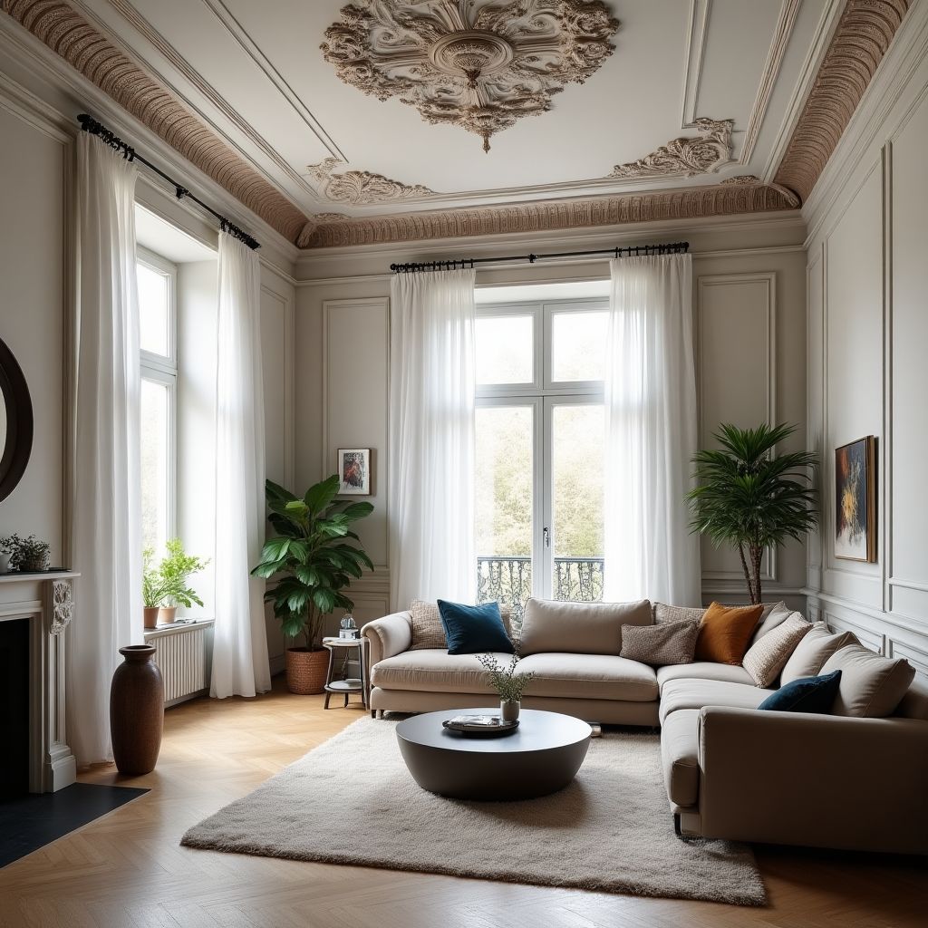 Wohnzimmerrenovierung mit restaurierten Stuckelementen