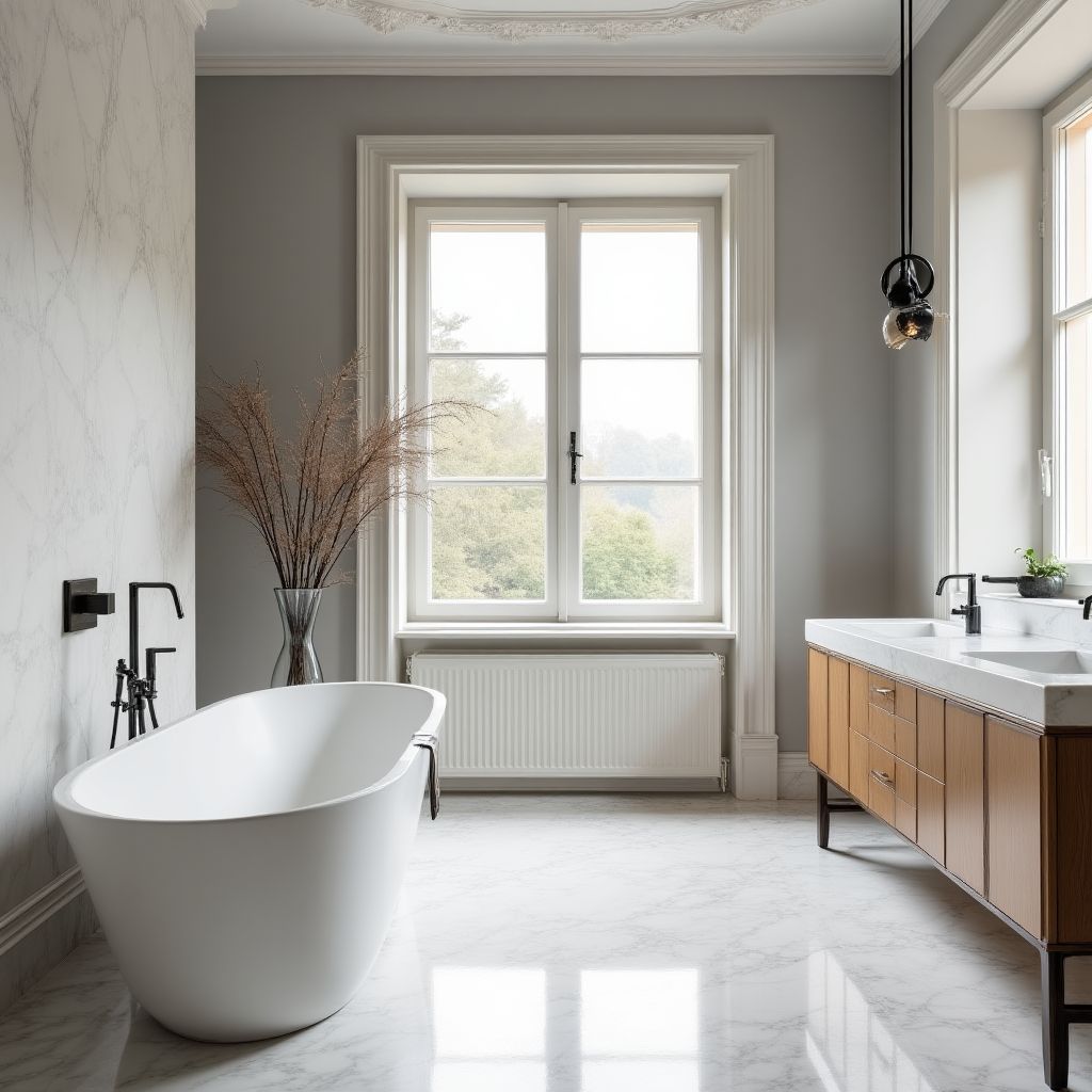 Luxuriöses Badezimmer mit freistehender Badewanne